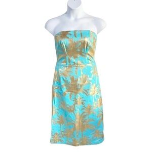 Tori Richard Turquoise Metallic Gold Royal Palm Daryl Strapless Sheath Dress 6